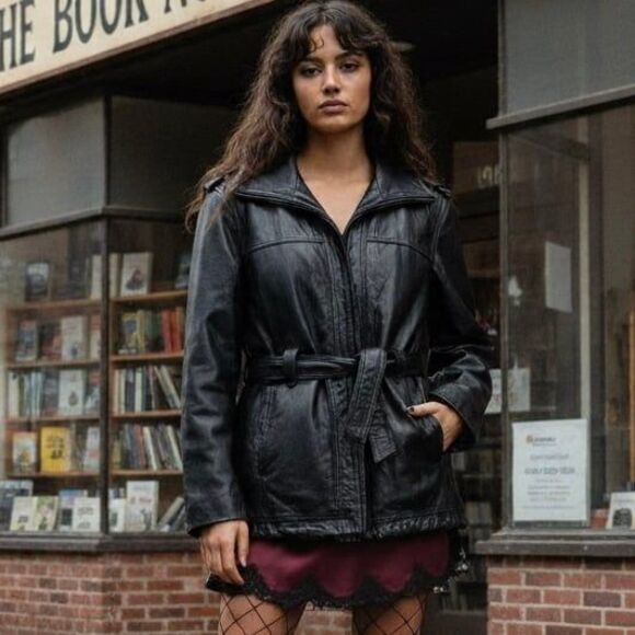 Vintage 90s Wilsons Leather Belted Hooded Jacket - Picture 1 of 8